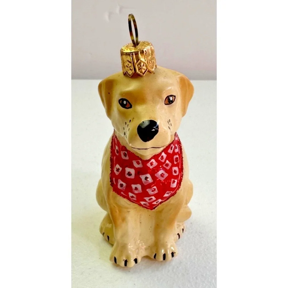 Golden Lab Labrador‎ Dog European Blown Glass Christmas Ornament Bandana Yellow